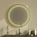 Designer LED Round Bathroom Mirror with Greek Key Motif – Touch Sensor Anti-Fog Wall Mirror