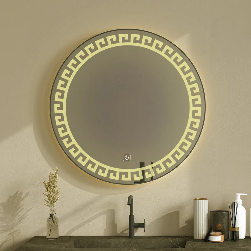 Designer LED Round Bathroom Mirror with Greek Key Motif – Touch Sensor Anti-Fog Wall Mirror