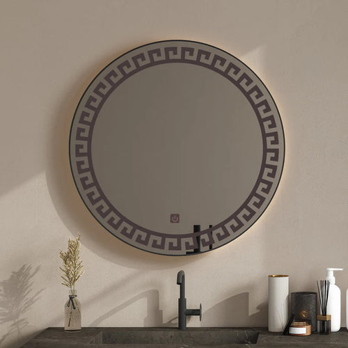 Designer LED Round Bathroom Mirror with Greek Key Motif – Touch Sensor Anti-Fog Wall Mirror