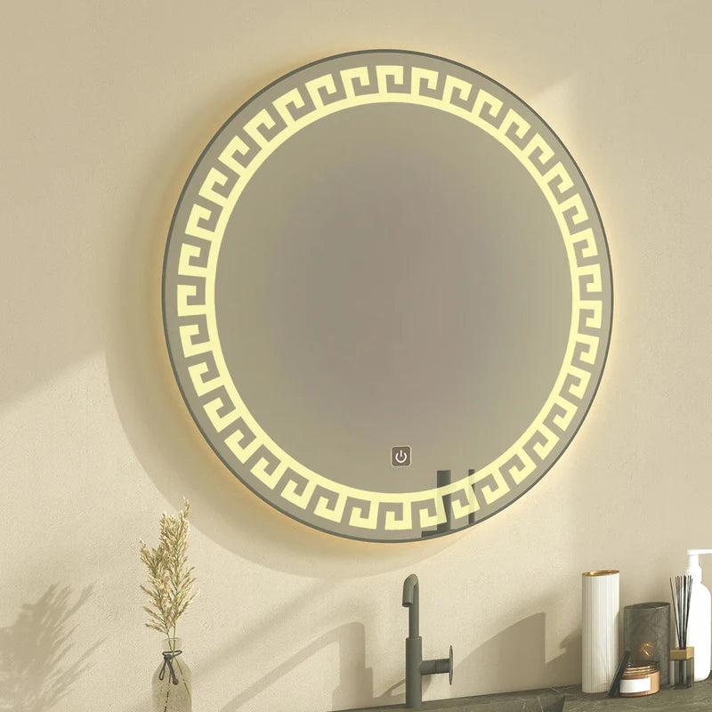 Designer LED Round Bathroom Mirror with Greek Key Motif – Touch Sensor Anti-Fog Wall Mirror