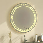 Designer LED Round Bathroom Mirror with Greek Key Motif – Touch Sensor Anti-Fog Wall Mirror