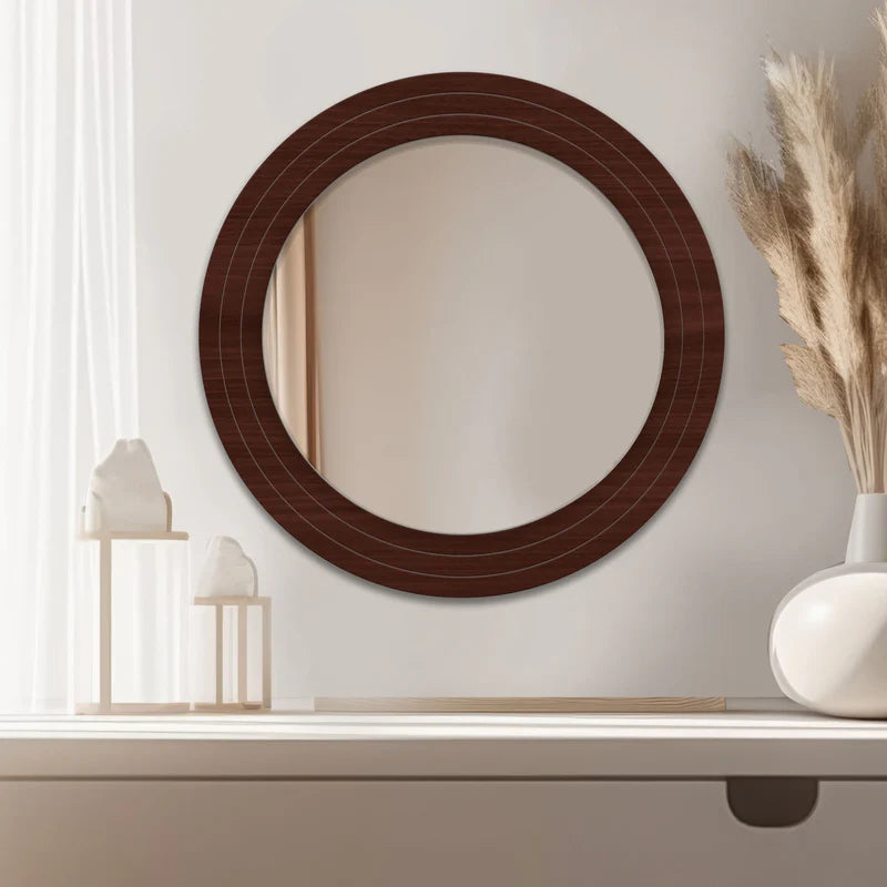 Decorative Round Wooden Wall Mirror – Premium Brown Frame Mirror for Living Room & Bedroom