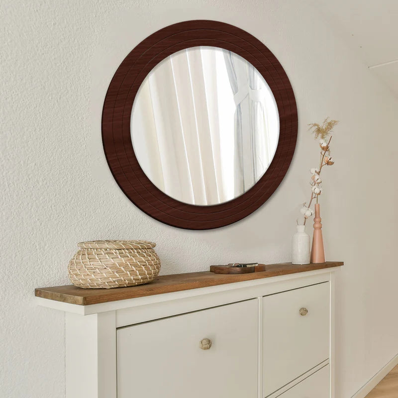 Decorative Round Wooden Wall Mirror – Premium Brown Frame Mirror for Living Room & Bedroom
